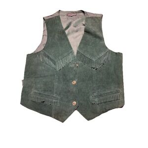 Men's Green Suede Leather Fringed Vest Western‎ Hippie S/M Thin Lightweight